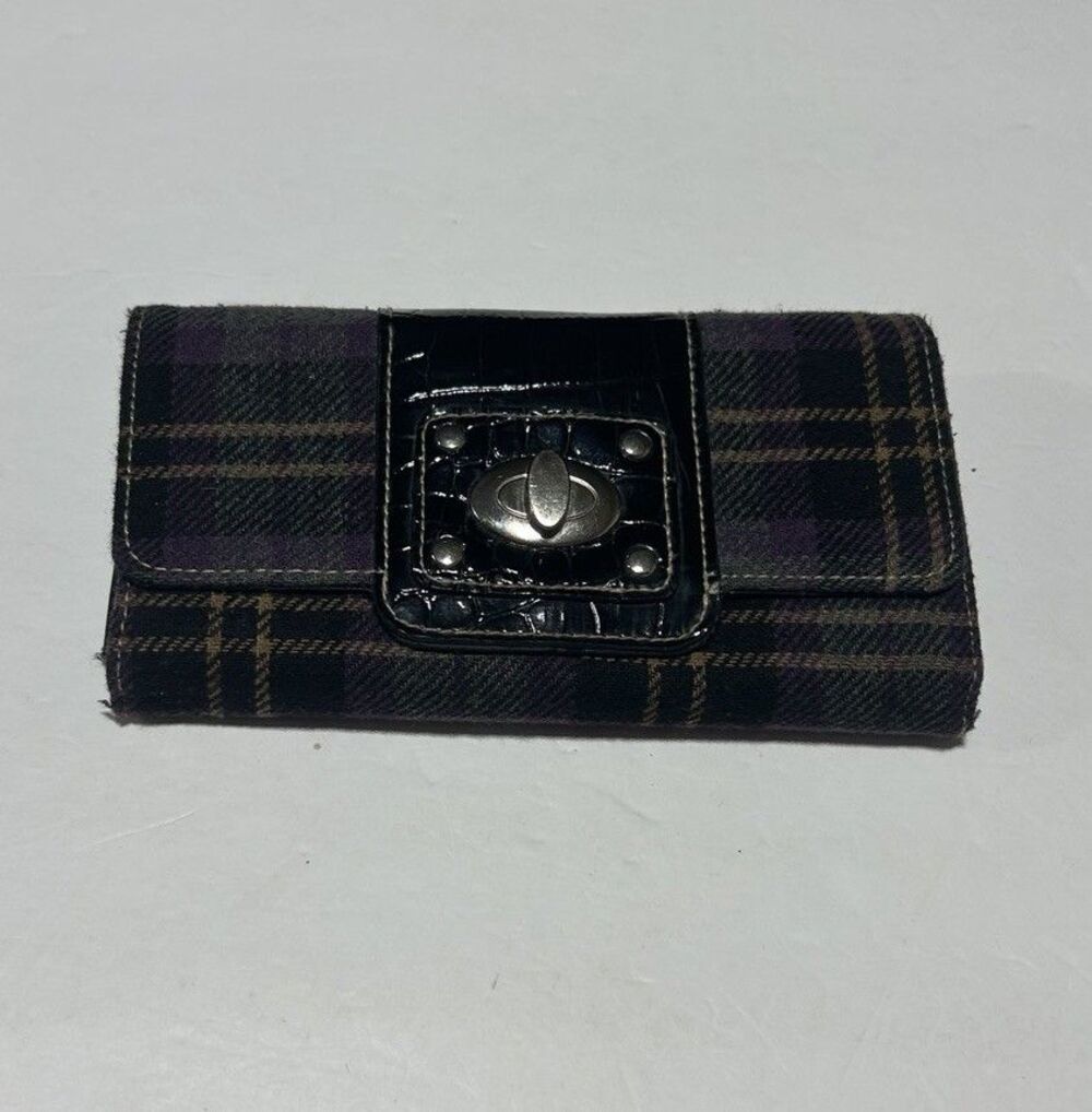 Vintage Plaid Fabric Patent Faux Leather Trim Turnlock Wallet Trifold Clutch